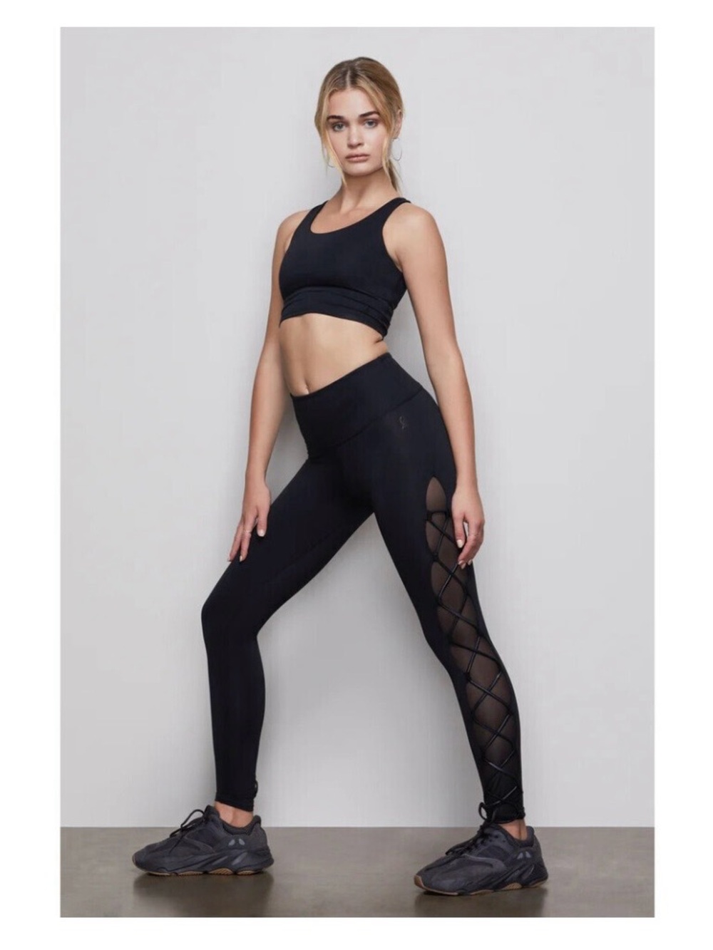 Good American Black High-Waist Leggings with Lace-Up Mesh Side